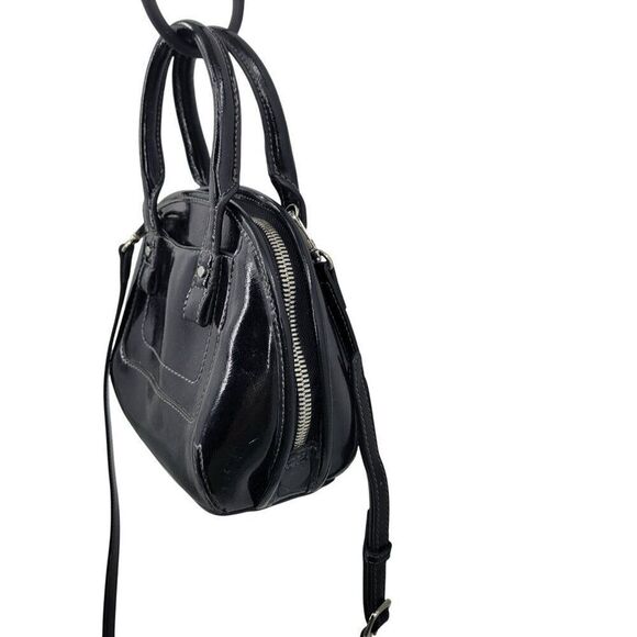 Vtg Black Faux Patent Leather Mini Top Handle Satchel Crossbody Handbag Trendy - Picture 7 of 11